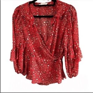 Zara wrap around red floral print ruffled sleeves boho top. Size small.